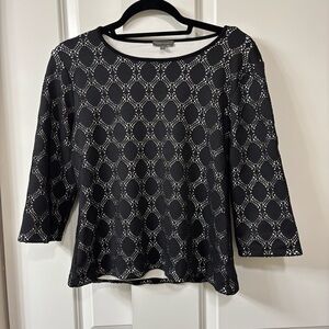 VINCE CAMUTO Black Overlay White Laser Cut Polka Dot 3/4 Sleeve Blouse Top Med